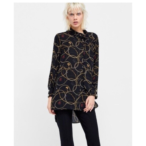 ZARA XSMALL BLACK HORSE CHAIN PRINT TIE NECK LONG OVERSIZED BLOUSE TOP XS - Picture 1 of 9
